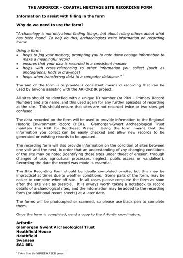 Arfordir site record form instructions