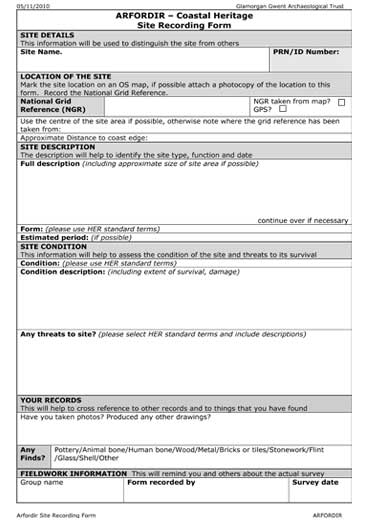Arfordir Site Recording Form