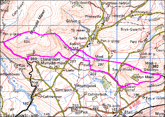 Map a atgynhyrchwyd o fap yr OS gyda chaniatad yr Arolwg Ordnans ar ran Rheolwr Llyfrfa Ei Mawrhydi, © Hawlfraint y Goron 2004.
Cedwir pob hawl. Byddai ei atgynhyrchu heb ganiatad yn torri Hawlfraint y Goron a gall hynny arwain at erlyniad neu achos sifil. Rhif y drwydded: GD272221
Base map reproduced from the OS map with the permission of Ordnance Survey on behalf of The Controller of Her Majesty's Stationery Office, © Crown Copyright 2004.
All rights reserved. Unauthorised reproduction infringes Crown Copyright and may lead to prosecution or civil proceedings. Licence Number: GD272221