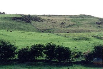 19th-century enclosure of upland commons on western slopes of Clwydian hills with roadside cottage encroachments.