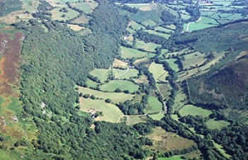 Landscape of dispersed farms and small irregular fields of medieval and later origin in upland valley between Carn Gafallt and the Elenydd uplands, with indications of much earlier, prehistoric activity.