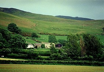 Distinctive landscape of linear strip fields running downhill from the scattered farms lying just below the moorland edge.
