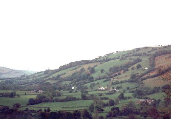 Small irregular fields and close-set farms on southern slopes of Dyffryn Tanat.