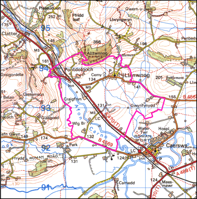 Map a atgynhyrchwyd o fap yr OS gyda chaniatad yr Arolwg Ordnans ar ran Rheolwr Llyfrfa Ei Mawrhydi, © Hawlfraint y Goron 2004.
Cedwir pob hawl. Byddai ei atgynhyrchu heb ganiatad yn torri Hawlfraint y Goron a gall hynny arwain at erlyniad neu achos sifil. Rhif y drwydded: GD272221

Base map reproduced from the OS map with the permission of Ordnance Survey on behalf of The Controller of Her Majesty's Stationery Office, © Crown Copyright 2004.
All rights reserved. Unauthorised reproduction infringes Crown Copyright and may lead to prosecution or civil proceedings. Licence Number: GD272221