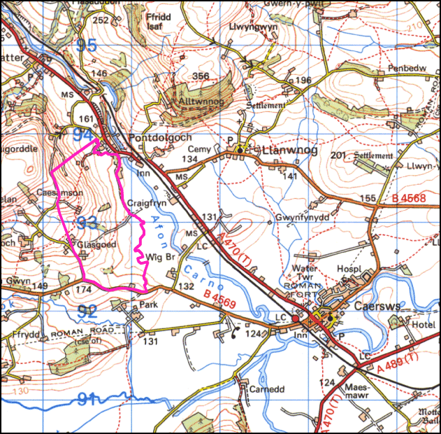 Map a atgynhyrchwyd o fap yr OS gyda chaniatad yr Arolwg Ordnans ar ran Rheolwr Llyfrfa Ei Mawrhydi, © Hawlfraint y Goron 2004.
Cedwir pob hawl. Byddai ei atgynhyrchu heb ganiatad yn torri Hawlfraint y Goron a gall hynny arwain at erlyniad neu achos sifil. Rhif y drwydded: GD272221

Base map reproduced from the OS map with the permission of Ordnance Survey on behalf of The Controller of Her Majesty's Stationery Office, © Crown Copyright 2004.
All rights reserved. Unauthorised reproduction infringes Crown Copyright and may lead to prosecution or civil proceedings. Licence Number: GD272221