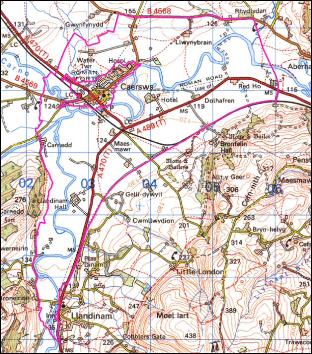 Map a atgynhyrchwyd o fap yr OS gyda chaniatad yr Arolwg Ordnans ar ran Rheolwr Llyfrfa Ei Mawrhydi, © Hawlfraint y Goron 2004.
Cedwir pob hawl. Byddai ei atgynhyrchu heb ganiatad yn torri Hawlfraint y Goron a gall hynny arwain at erlyniad neu achos sifil. Rhif y drwydded: GD272221

Base map reproduced from the OS map with the permission of Ordnance Survey on behalf of The Controller of Her Majesty's Stationery Office, © Crown Copyright 2004.
All rights reserved. Unauthorised reproduction infringes Crown Copyright and may lead to prosecution or civil proceedings. Licence Number: GD272221