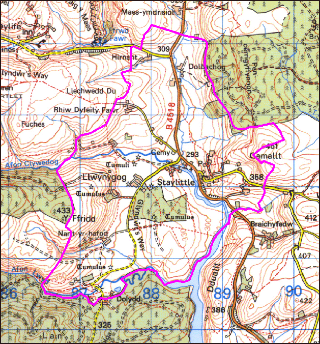 Map a atgynhyrchwyd o fap yr OS gyda chaniatad yr Arolwg Ordnans ar ran Rheolwr Llyfrfa Ei Mawrhydi, © Hawlfraint y Goron 2004. Cedwir pob hawl. Byddai ei atgynhyrchu heb ganiatad yn torri Hawlfraint y Goron a gall hynny arwain at erlyniad neu achos sifil. Rhif y drwydded: GD272221 Base map reproduced from the OS map with the permission of Ordnance Survey on behalf of The Controller of Her Majesty's Stationery Office, © Crown Copyright 2004. All rights reserved. Unauthorised reproduction infringes Crown Copyright and may lead to prosecution or civil proceedings. Licence Number: GD272221