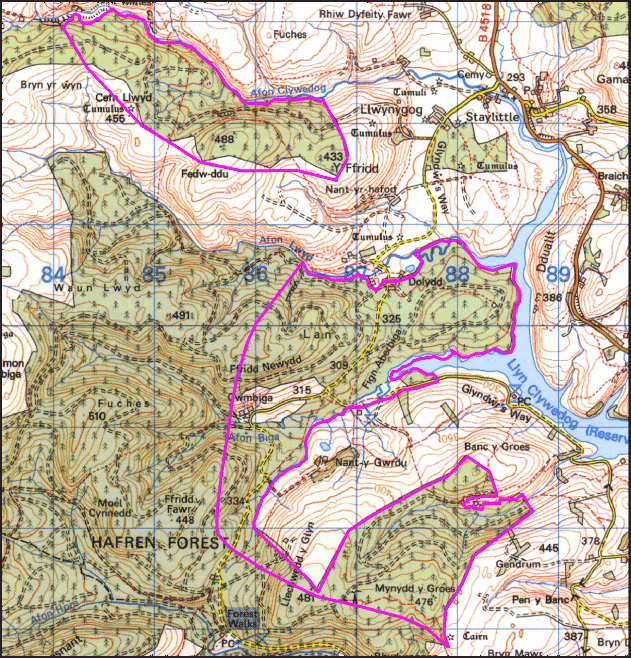 Map a atgynhyrchwyd o fap yr OS gyda chaniatad yr Arolwg Ordnans ar ran Rheolwr Llyfrfa Ei Mawrhydi, © Hawlfraint y Goron 2004. Cedwir pob hawl. Byddai ei atgynhyrchu heb ganiatad yn torri Hawlfraint y Goron a gall hynny arwain at erlyniad neu achos sifil. Rhif y drwydded: GD272221 Base map reproduced from the OS map with the permission of Ordnance Survey on behalf of The Controller of Her Majesty's Stationery Office, © Crown Copyright 2004. All rights reserved. Unauthorised reproduction infringes Crown Copyright and may lead to prosecution or civil proceedings. Licence Number: GD272221