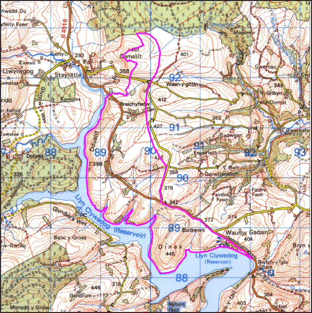 Map a atgynhyrchwyd o fap yr OS gyda chaniatad yr Arolwg Ordnans ar ran Rheolwr Llyfrfa Ei Mawrhydi, © Hawlfraint y Goron 2004. Cedwir pob hawl. Byddai ei atgynhyrchu heb ganiatad yn torri Hawlfraint y Goron a gall hynny arwain at erlyniad neu achos sifil. Rhif y drwydded: GD272221 Base map reproduced from the OS map with the permission of Ordnance Survey on behalf of The Controller of Her Majesty's Stationery Office, © Crown Copyright 2004. All rights reserved. Unauthorised reproduction infringes Crown Copyright and may lead to prosecution or civil proceedings. Licence Number: GD272221