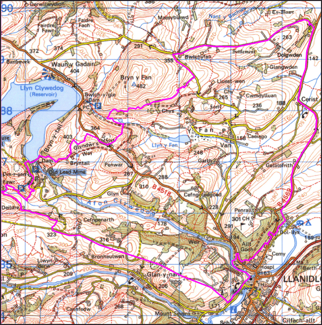 Map a atgynhyrchwyd o fap yr OS gyda chaniatad yr Arolwg Ordnans ar ran Rheolwr Llyfrfa Ei Mawrhydi, © Hawlfraint y Goron 2004. Cedwir pob hawl. Byddai ei atgynhyrchu heb ganiatad yn torri Hawlfraint y Goron a gall hynny arwain at erlyniad neu achos sifil. Rhif y drwydded: GD272221 Base map reproduced from the OS map with the permission of Ordnance Survey on behalf of The Controller of Her Majesty's Stationery Office, © Crown Copyright 2004. All rights reserved. Unauthorised reproduction infringes Crown Copyright and may lead to prosecution or civil proceedings. Licence Number: GD272221