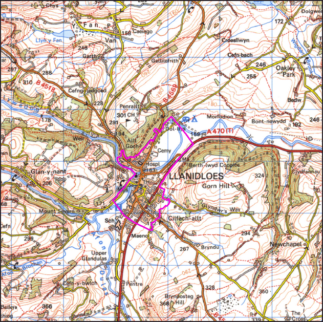 Map a atgynhyrchwyd o fap yr OS gyda chaniatad yr Arolwg Ordnans ar ran Rheolwr Llyfrfa Ei Mawrhydi, © Hawlfraint y Goron 2004. Cedwir pob hawl. Byddai ei atgynhyrchu heb ganiatad yn torri Hawlfraint y Goron a gall hynny arwain at erlyniad neu achos sifil. Rhif y drwydded: GD272221 Base map reproduced from the OS map with the permission of Ordnance Survey on behalf of The Controller of Her Majesty's Stationery Office, © Crown Copyright 2004. All rights reserved. Unauthorised reproduction infringes Crown Copyright and may lead to prosecution or civil proceedings. Licence Number: GD272221