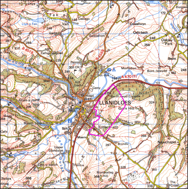 Map a atgynhyrchwyd o fap yr OS gyda chaniatad yr Arolwg Ordnans ar ran Rheolwr Llyfrfa Ei Mawrhydi, © Hawlfraint y Goron 2004. Cedwir pob hawl. Byddai ei atgynhyrchu heb ganiatad yn torri Hawlfraint y Goron a gall hynny arwain at erlyniad neu achos sifil. Rhif y drwydded: GD272221 Base map reproduced from the OS map with the permission of Ordnance Survey on behalf of The Controller of Her Majesty's Stationery Office, © Crown Copyright 2004. All rights reserved. Unauthorised reproduction infringes Crown Copyright and may lead to prosecution or civil proceedings. Licence Number: GD272221