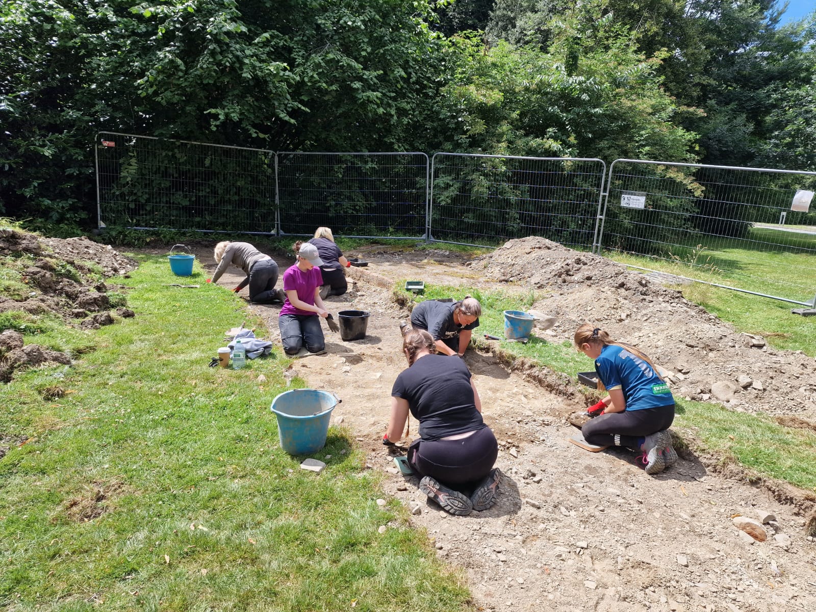 Group of archaeologists excavating a trench, using trowels and buckets, with fencing and trees in the background.