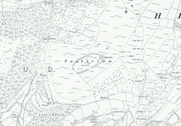 Extract of 1st Edition (1887) Historic OS mapping showing the Twmbarlwm Hillfort