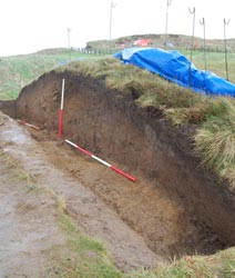 Archaeological section showing an exposed soil profile in a cut trench, with ranging rods marking the layers and a blue tarp covering equipment in the background.